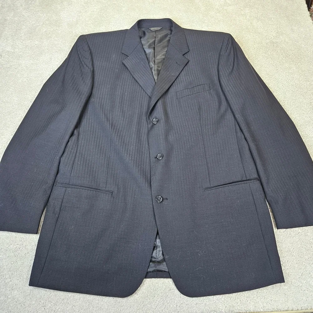 MONTEFINO UOMO Super 120s Merino Wool Blazer Jacket‎ 46L Classic Black Pinstripe